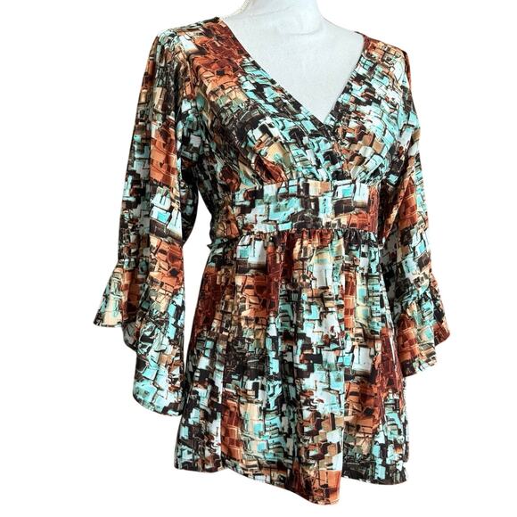 Betsey Johnson abstract print blouse bell sleeve top boho S small - Picture 1 of 13